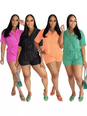 EVE Solid Color Short Sleeve Shirt Shorts Two Piece Set NYF-8177