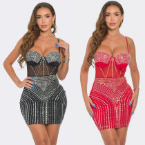 EVE Hot Drill Mesh Splicing Sling Mini Dress NY-3196