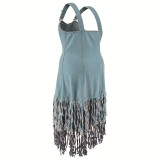 EVE Plus Size Denim Sleeveless Sling Tassel Long Dress GDAM-218603