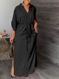 EVE Solid Color 3/4 Sleeve Tie Up Maxi Dress YH-5296