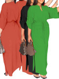 EVE Solid Color 3/4 Sleeve Tie Up Maxi Dress YH-5296