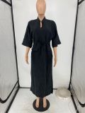 EVE Solid Color 3/4 Sleeve Tie Up Maxi Dress YH-5296