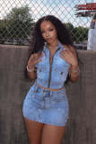EVE Embroidered Backless Vest Denim Two Piece Skirt Set MEM-88583