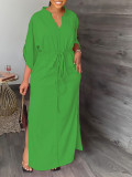EVE Solid Color 3/4 Sleeve Tie Up Maxi Dress YH-5296