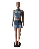 EVE Embroidered Backless Vest Denim Two Piece Skirt Set MEM-88583