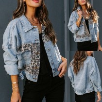 EVE Leopard Print Splicing Long Sleeve Denim Coat XCFF-993