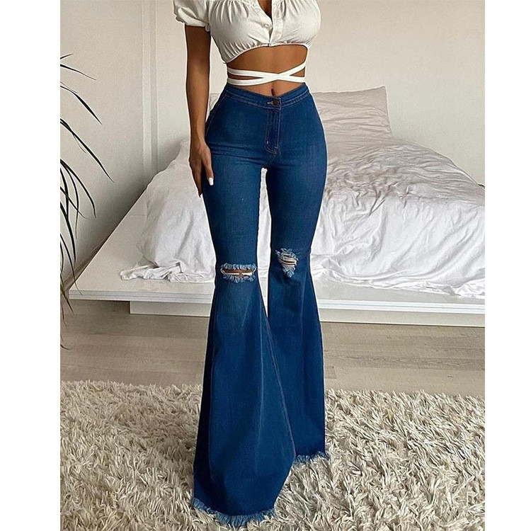 EVE Denim Holes Wash Wide Leg Flared Jeans XCFF-8036