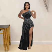 EVE Single Shoulder Sleeveless Hot Drill Maxi Dress BY-6961