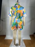 EVE Wave Lace Print Short Sleeve Shirt Two Piece Short Set TE-4686