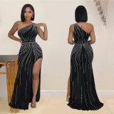 EVE Single Shoulder Sleeveless Hot Drill Maxi Dress BY-6961