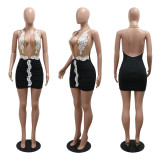 EVE Print Patchwork Deep V Neck Backless Mini Dress CYA-901248