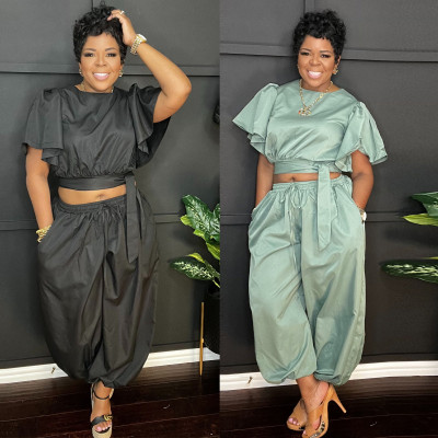 EVE Solid Loose Short Sleeve Tie Up Two Piece Pants Set WAF-77671