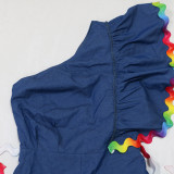 EVE Slash Shoulder Wave webbing Splicing Denim Romper CYA-901255