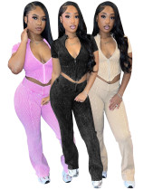 EVE Short Sleeve Wash Zipper Tops Flare Pant 2 Piece Set CH-24035