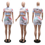Print Short Sleeve Crop Top Two Piece Skirts Set CYA-901233