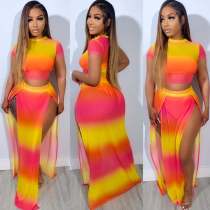 EVE Gradient Color Clash Print Split Long Skirt Suit NY-10803