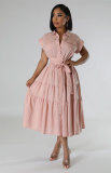 EVE Solid Color Short Sleeve Long Shirt Dress XHXF-966