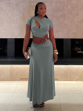 EVE Solid Color Short Sleeve Long Skirt 2 Piece Set QODY-6039