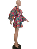 EVE Floral Deep V Flared Sleeve Tie Up Mini Dress QODY-6035