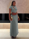 EVE Solid Color Short Sleeve Long Skirt 2 Piece Set QODY-6039