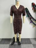 EVE Printed V-neck Drawstring Waist-slim Midi Dress NY-10806