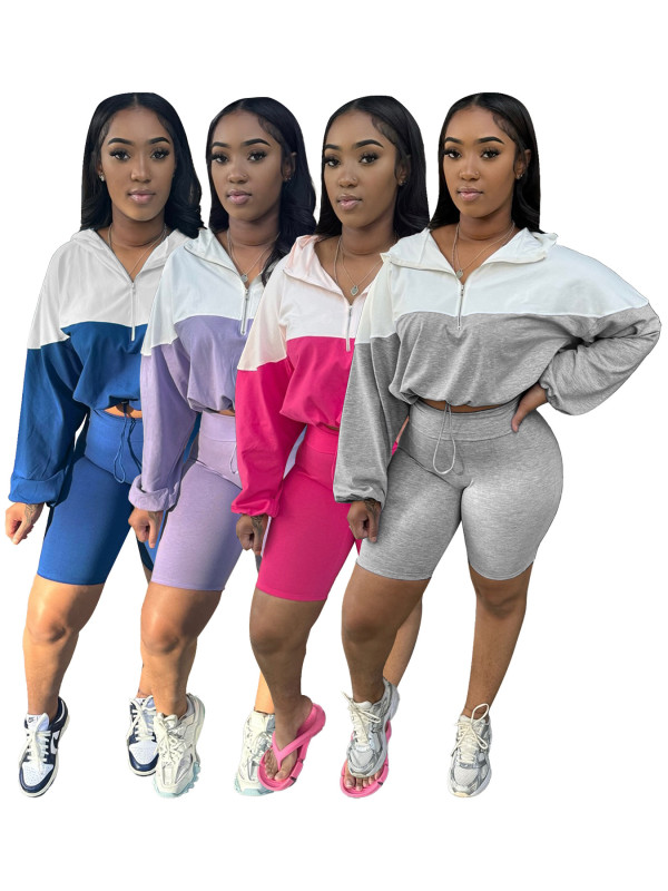 EVE Contrast Color Long Sleeve Hooded 2 Piece Shorts Set CH-24039