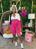 EVE Contrast Color Long Sleeve Hooded 2 Piece Shorts Set CH-24039