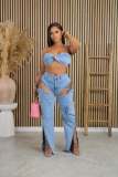 EVE Sexy Wrap Chest Hollow Out Pants Denim 2 Piece Set NYF-8175