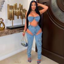 EVE Sexy Wrap Chest Hollow Out Pants Denim 2 Piece Set NYF-8175