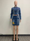 EVE Embroidered Long Sleeve Denim Two-piece Skirt Set YMEF-51099