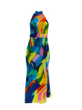 EVE Print Halter Tie Up Backless Maxi Dress ZDF-31337