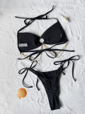EVE Solid Chain Splicing Tie Up Bikinis 2 Piece Swimsuit CASF-6699