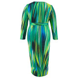 EVE Plus Size Irregular Stripe Long Sleeve Long Dress GDAM-218508