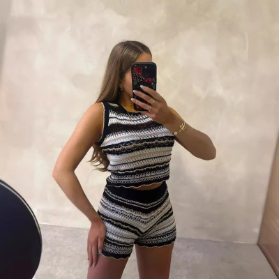 EVE Stripe Hollow Out Sleeveless Sweater Shorts Suit QXTF-83017