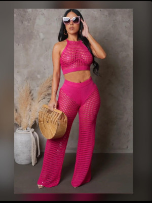 EVE Sexy Hollow Out Solid Knit Two Piece Pants Set QXTF-83019