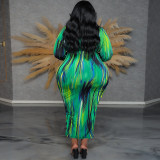 EVE Plus Size Irregular Stripe Long Sleeve Long Dress GDAM-218508