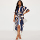 EVE Plus Size Stripe Print Tie Up Short Sleeve Midi Dress GDAM-218615