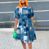 EVE Plus Size Print Tie Up Short Sleeve Midi Dress NNWF-8027