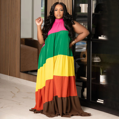 EVE Plus Size Contrast Color Patchwork Maxi Dress NNWF-8023