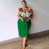 EVE Plus Size V Neck Print Bodysuit And Half Skirt Suit NNWF-7993