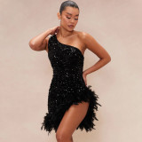 EVE Sequin Slash Shoulder Feather Splicing Midi Dress CYA-901312