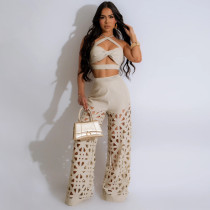 EVE Sexy Halter Vest And Hollow Out Wide Pants 2 Piece Set CYA-901285