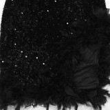EVE Sequin Slash Shoulder Feather Splicing Midi Dress CYA-901312