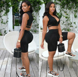 EVE Sexy Solid Color Zipper Tops Two Piece Shorts Set LSL-LS6455