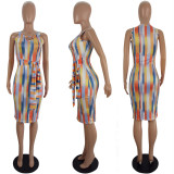 EVE Sleeveless Tie Up Stripe Print Midi Dress LSL-LS8035