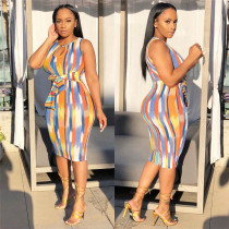 EVE Sleeveless Tie Up Stripe Print Midi Dress LSL-LS8035