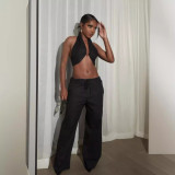 EVE Sexy Solid Halter Wrap Top Wide Leg Pants Suit LSL-LS0006