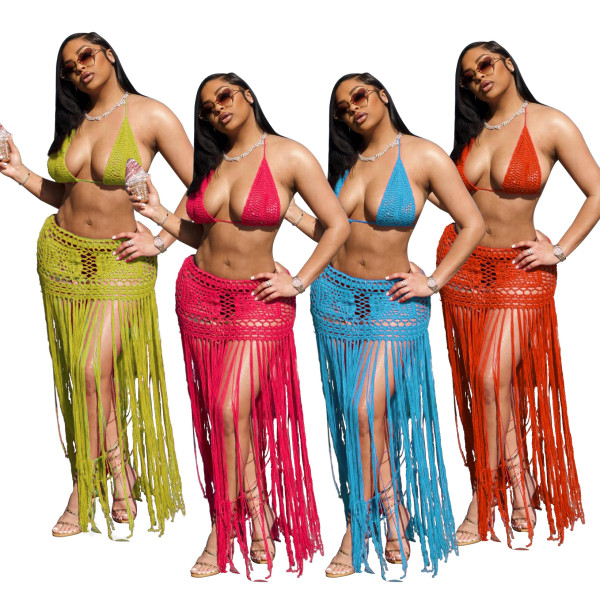 EVE Braided Solid Color Tassel Beach Skirts Suit OSM-AJ4462