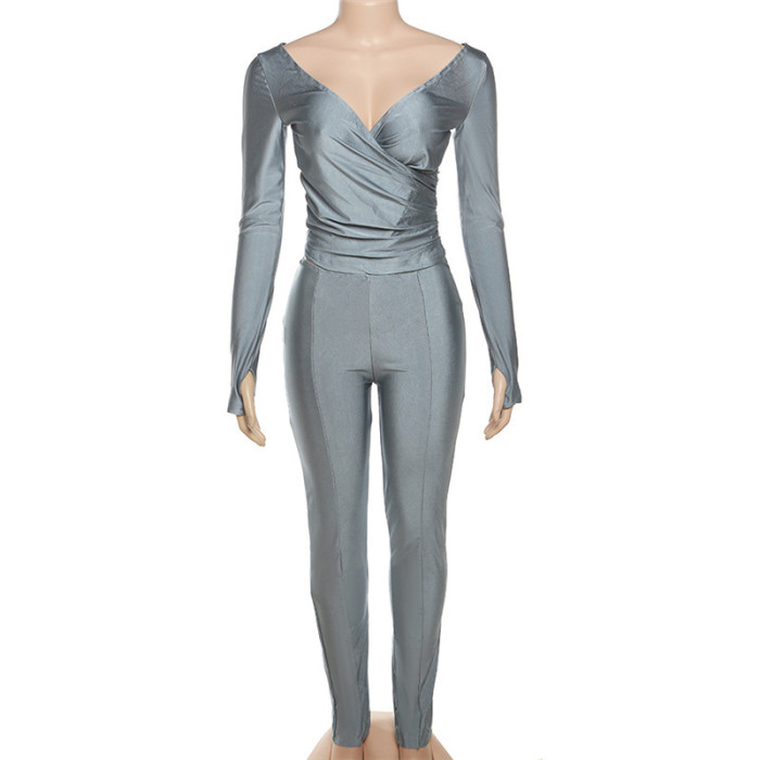 EVE Solid V Neck Long Sleeve Pants Suit GAXB-A390ST