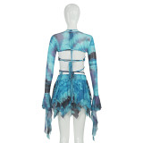 EVE Long Sleeve Tie Up Print Irregular Skirt Suit GAXB-W092ST